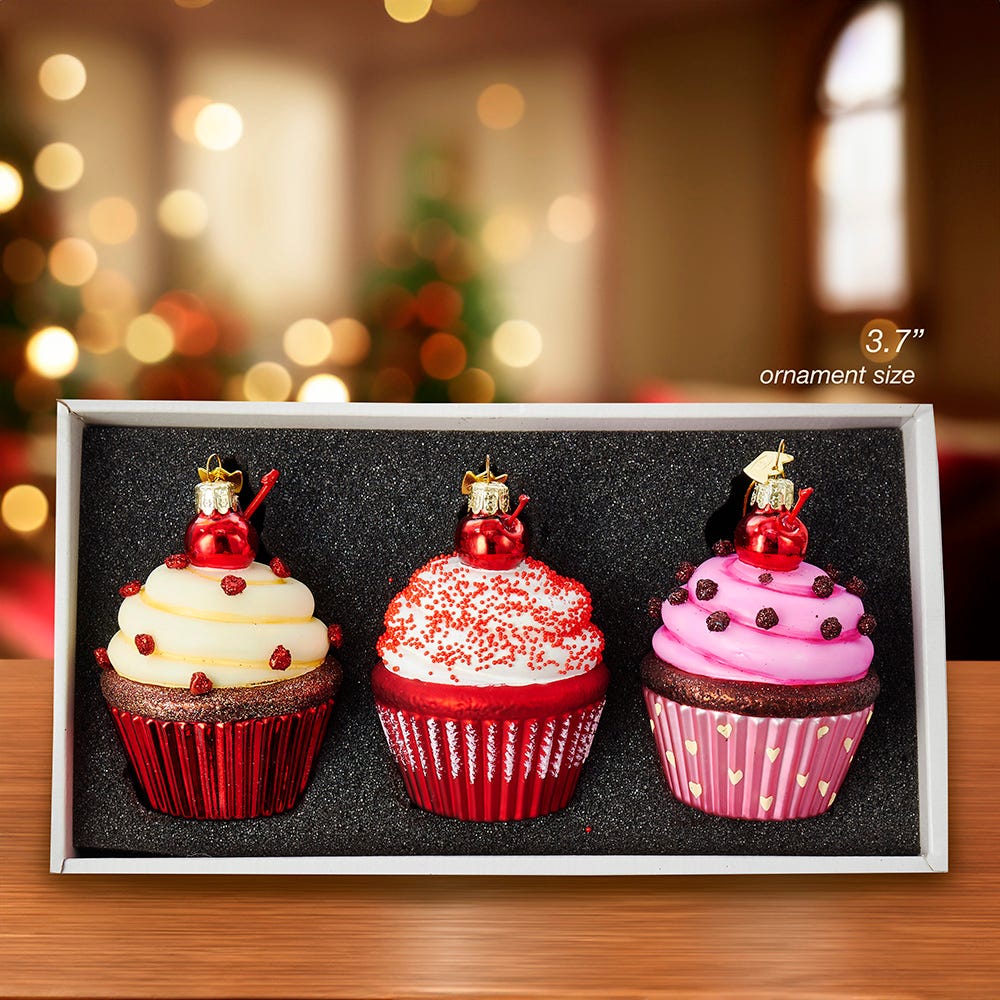 Kurt Adler Noble Gems Cupcake Glass Ornament Set, 3-Piece Box Set